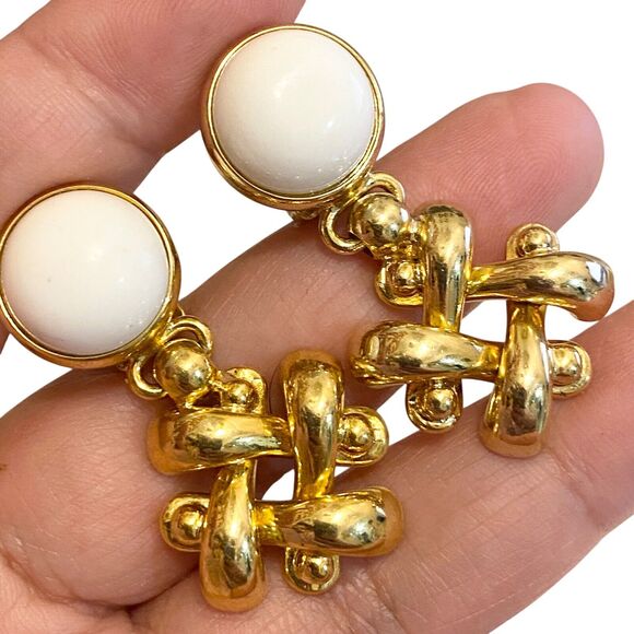 Signed Beauty Brass White Gold Clip On Earrings Bold Chunky Statement Italy - Picture 4 of 10